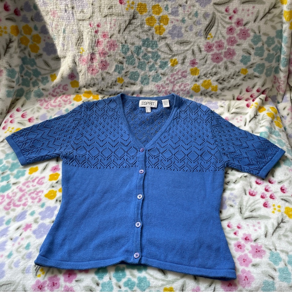 Esprit Blue Cardigan Sweater with Cable Knit V-Neck